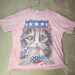 Gildans Pink Cat Americana Flags Tshirt Size XL